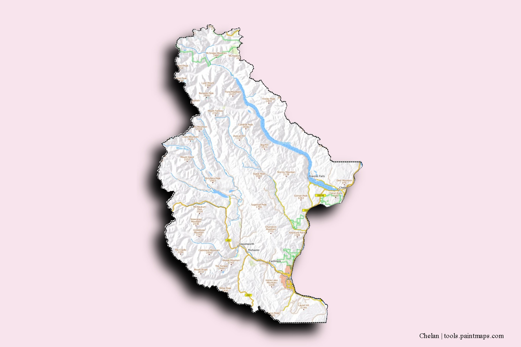 Mapa de barrios y pueblos de Chelan con efecto de sombra 3D