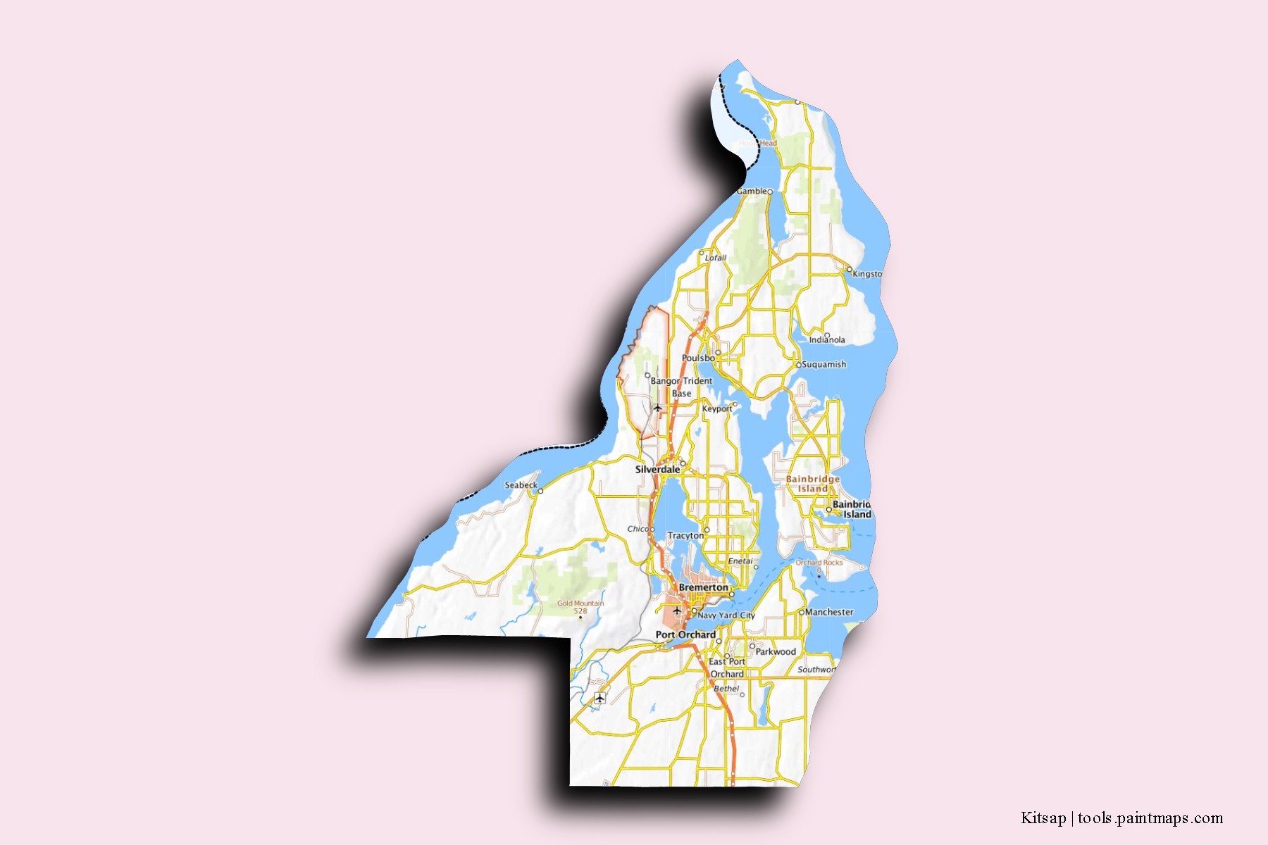 Kitsap neighborhoods and villages map with 3D shadow effect