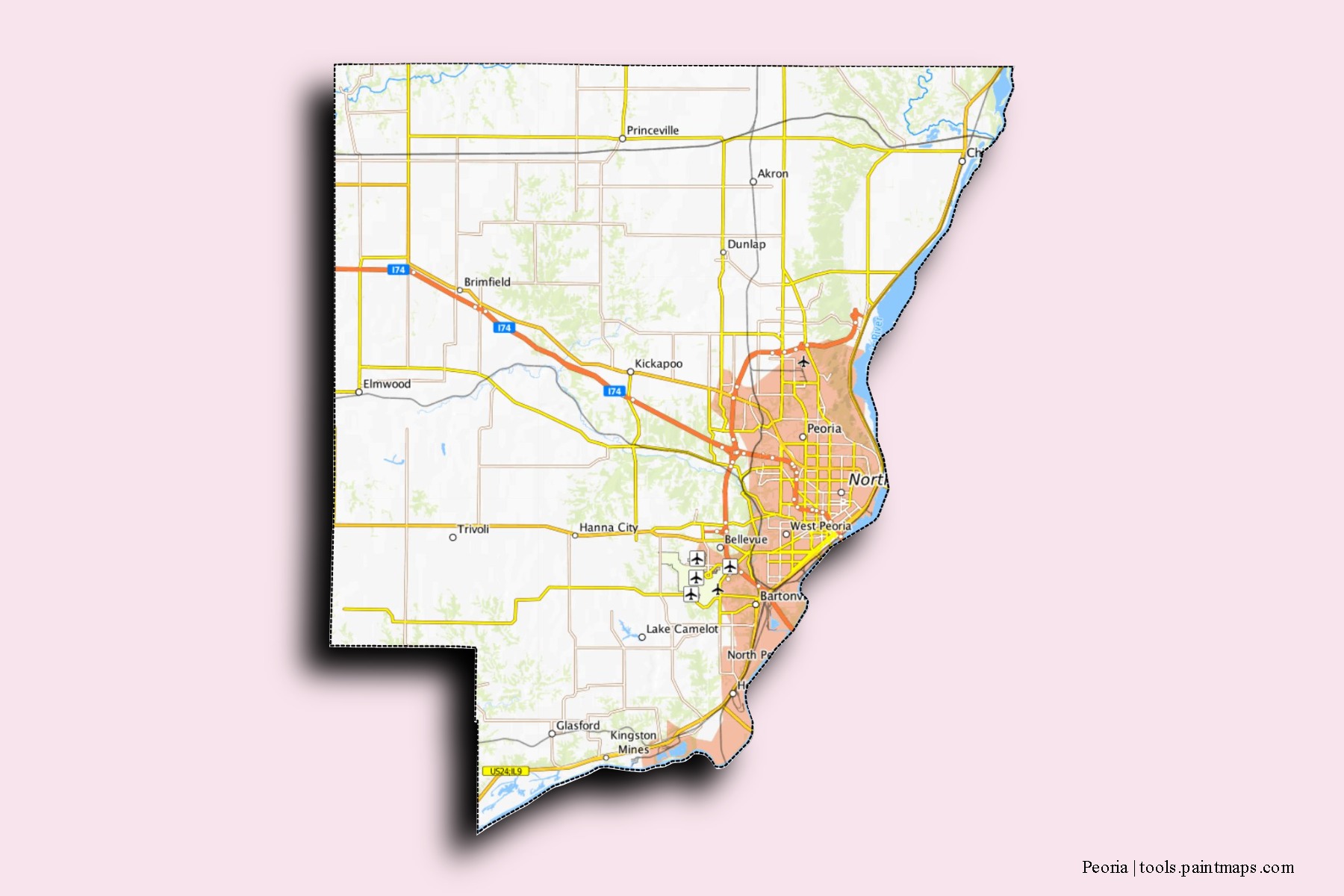 3D gölge efektli Peoria County mahalleleri ve köyleri haritası