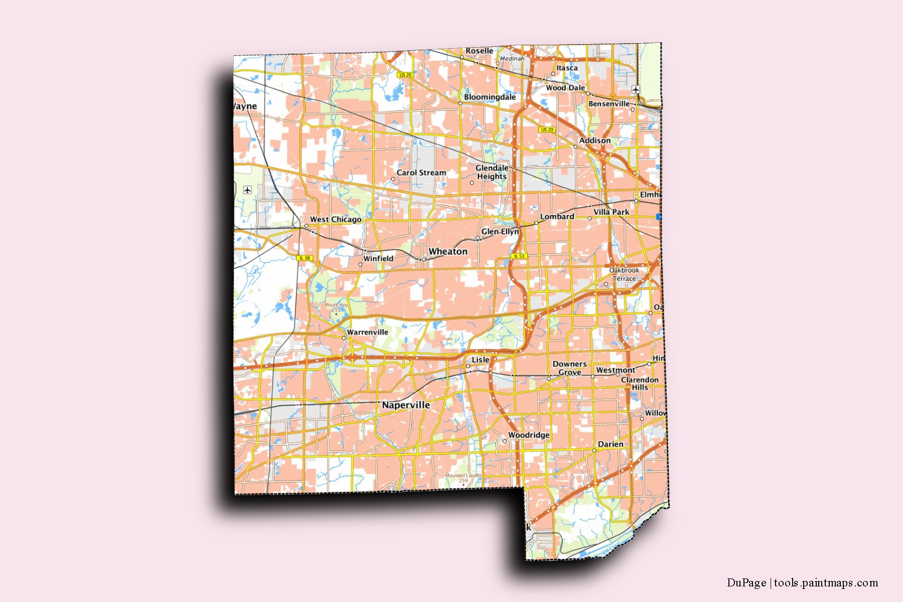 DuPage neighborhoods and villages map with 3D shadow effect