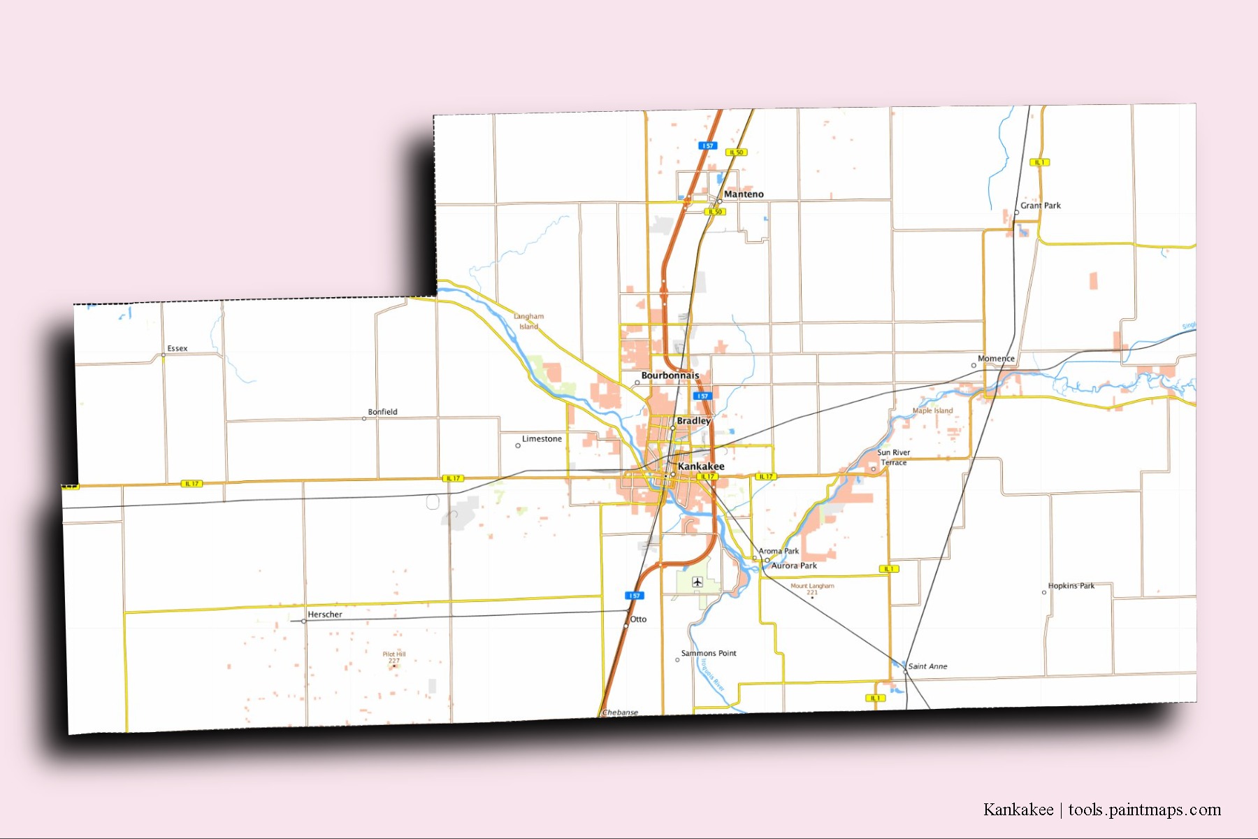 Kankakee neighborhoods and villages map with 3D shadow effect