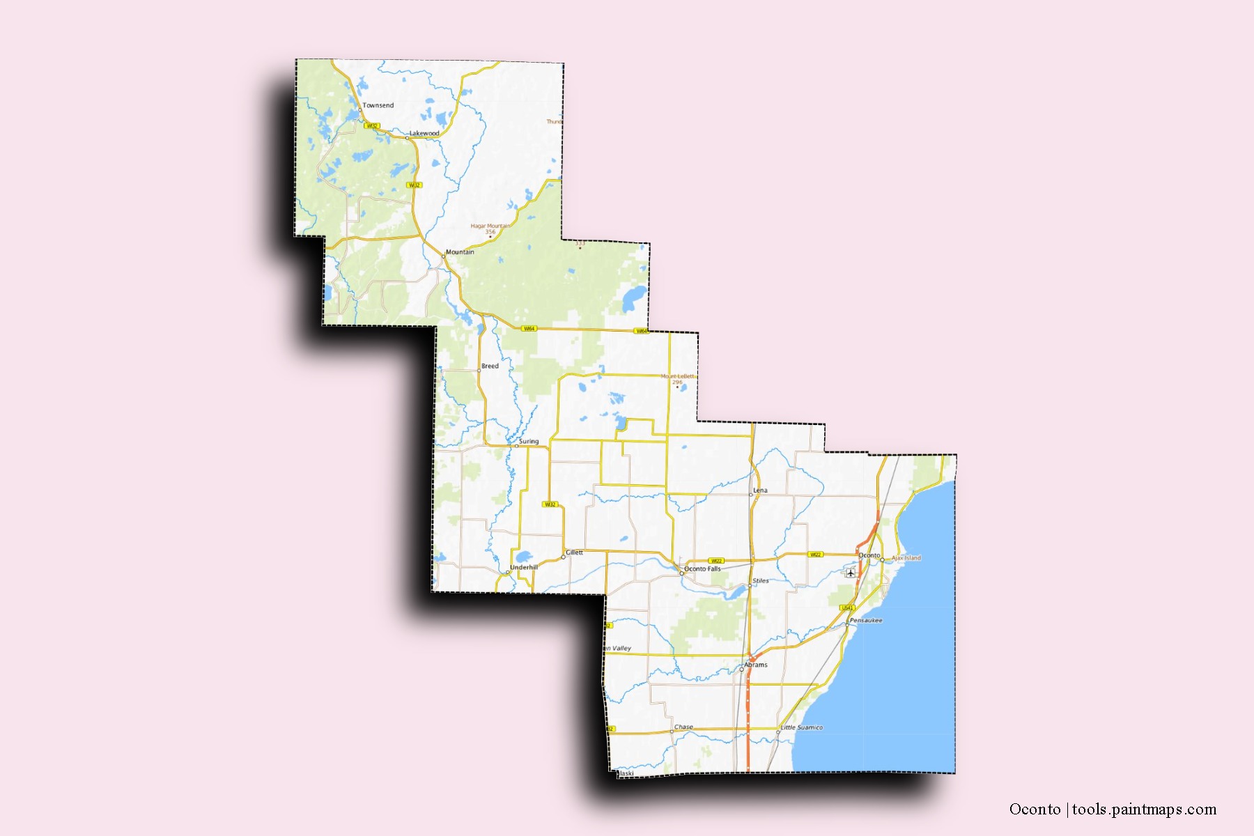 Mapa de barrios y pueblos de Oconto con efecto de sombra 3D
