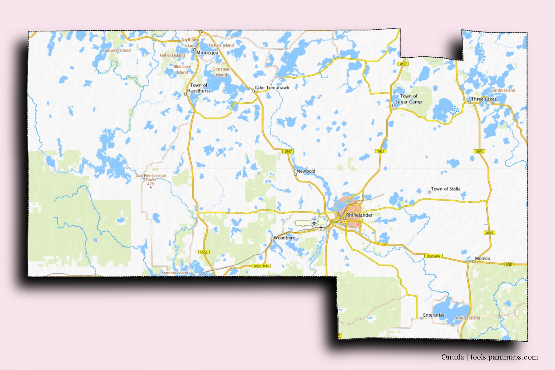 Mapa de barrios y pueblos de Oneida con efecto de sombra 3D