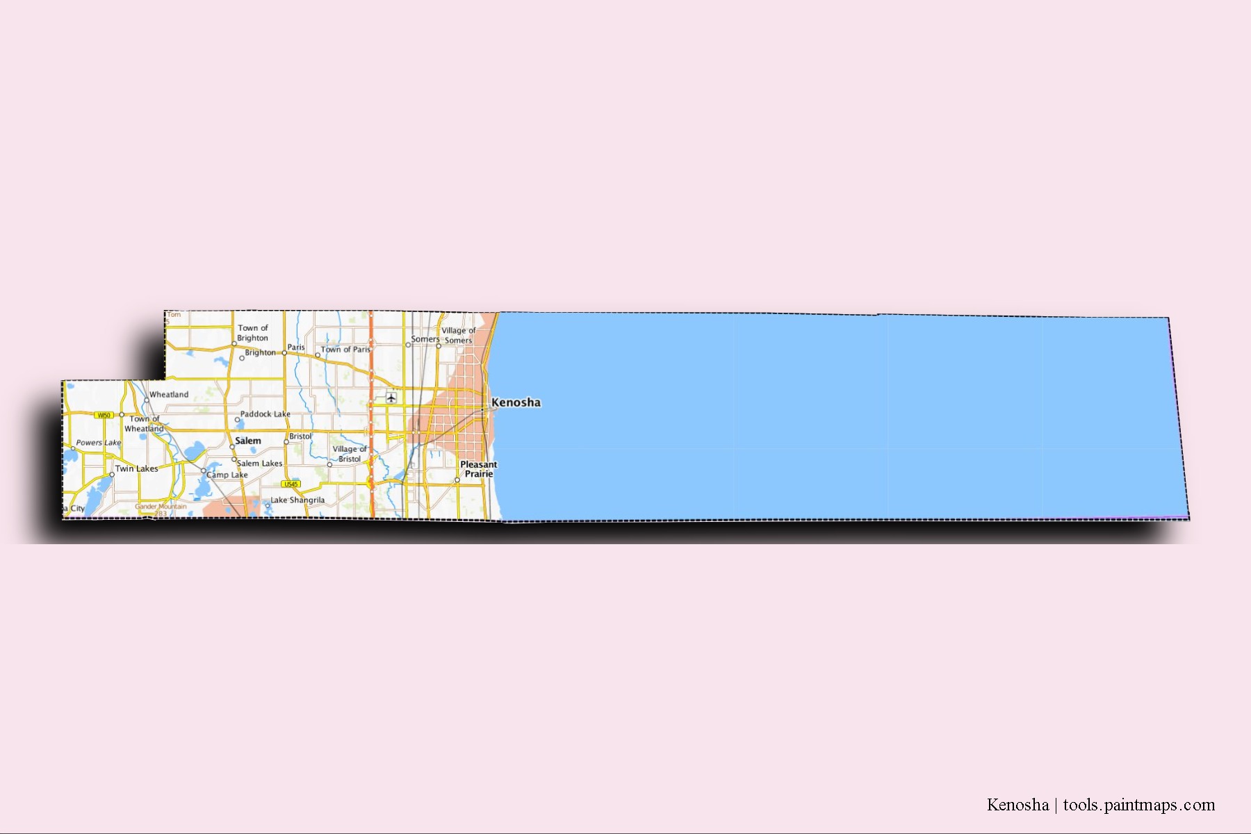 Mapa de barrios y pueblos de Kenosha con efecto de sombra 3D