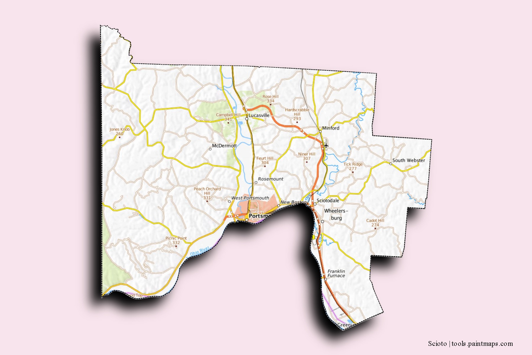 Scioto neighborhoods and villages map with 3D shadow effect