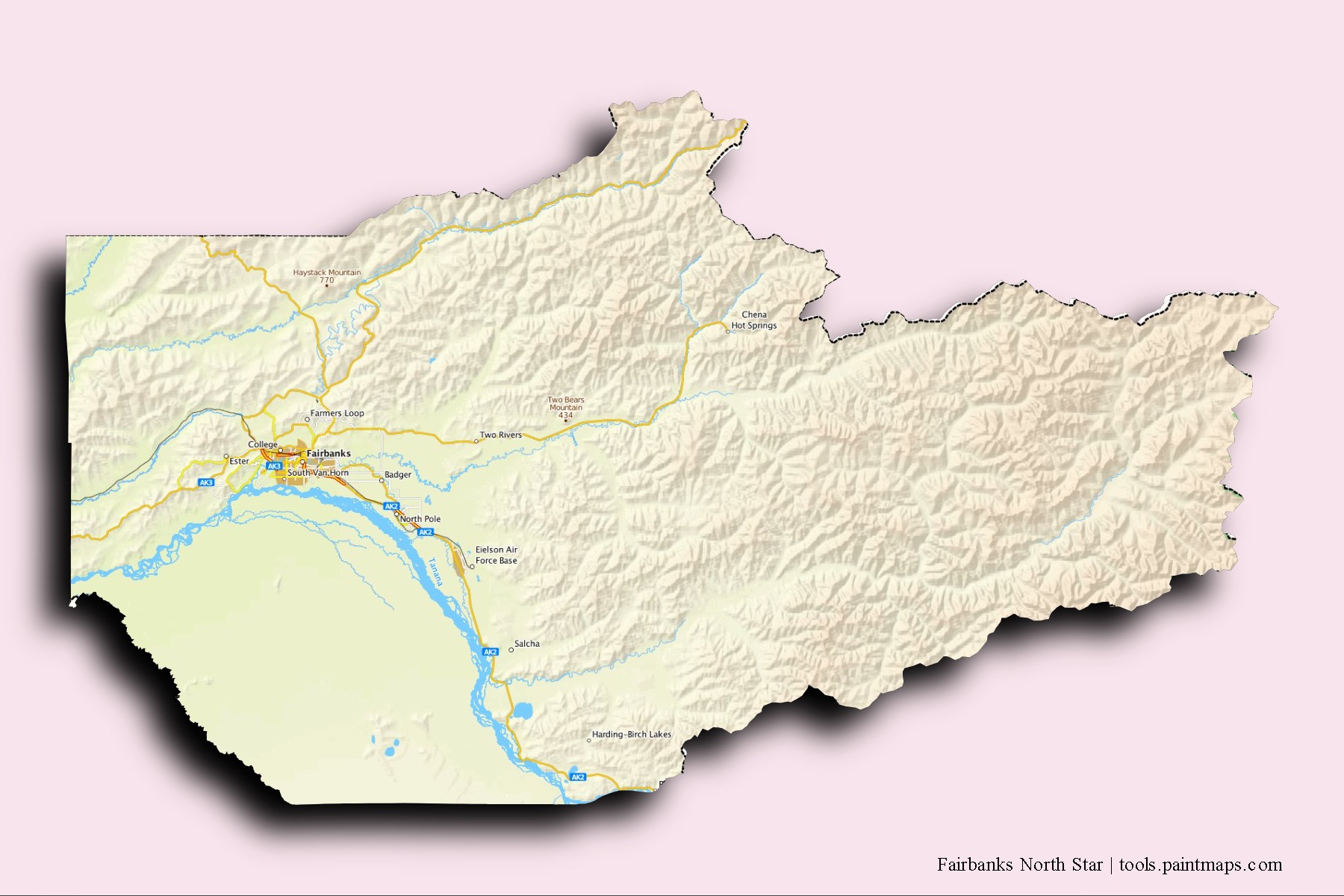 Mapa de barrios y pueblos de Fairbanks North Star con efecto de sombra 3D