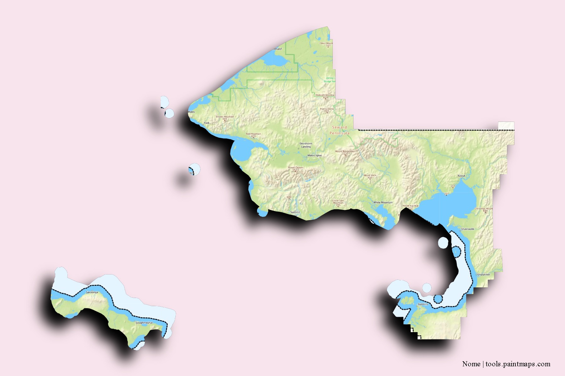 Nome neighborhoods and villages map with 3D shadow effect