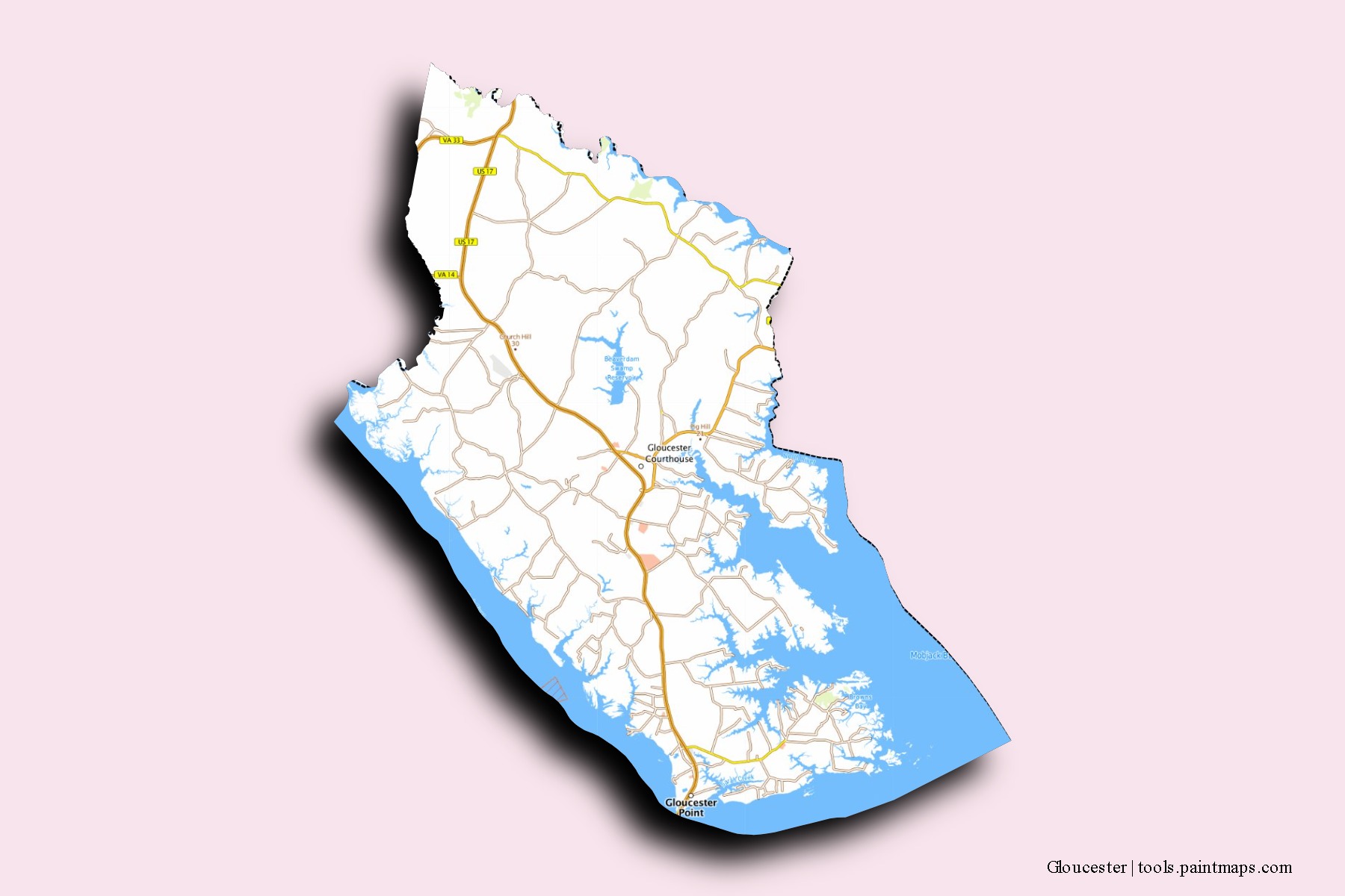 Mapa de barrios y pueblos de Gloucester con efecto de sombra 3D