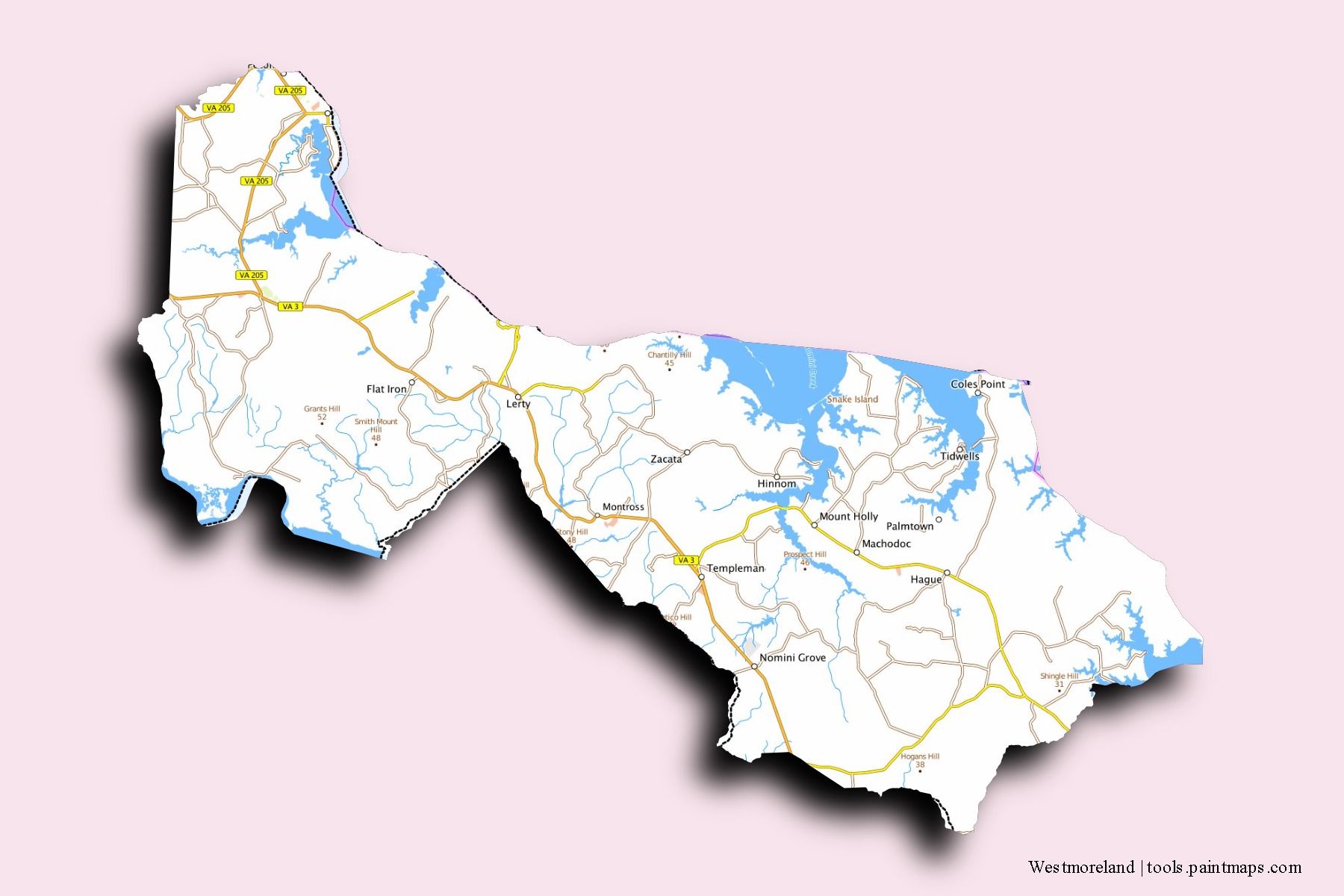 Westmoreland neighborhoods and villages map with 3D shadow effect