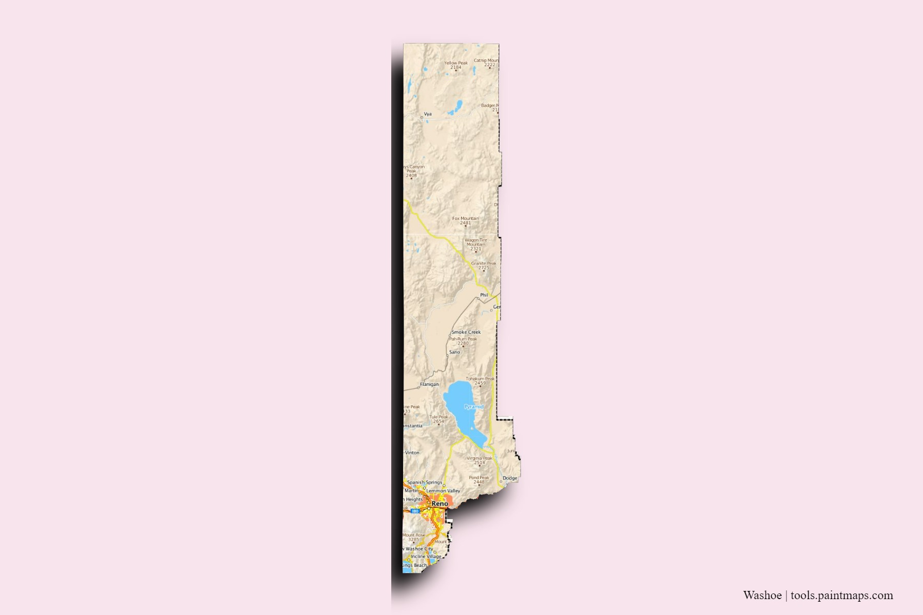 Washoe neighborhoods and villages map with 3D shadow effect