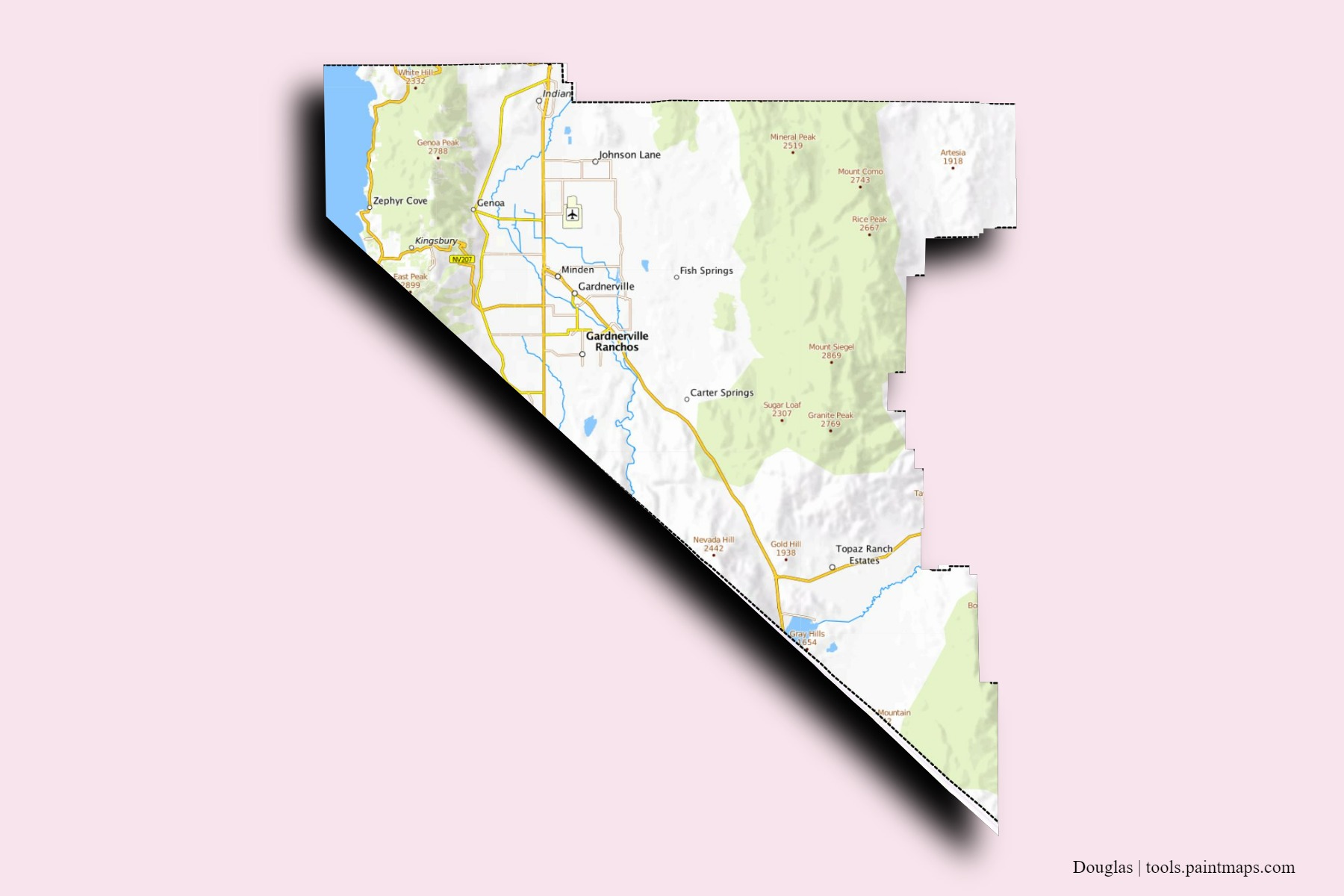 Douglas neighborhoods and villages map with 3D shadow effect