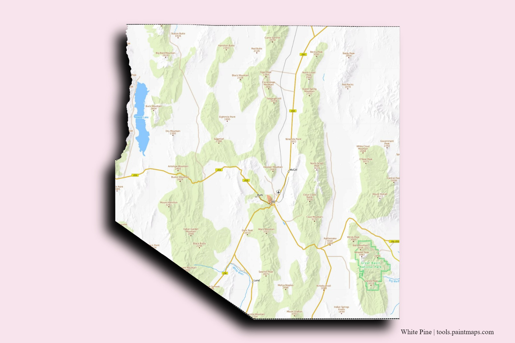 White Pine neighborhoods and villages map with 3D shadow effect