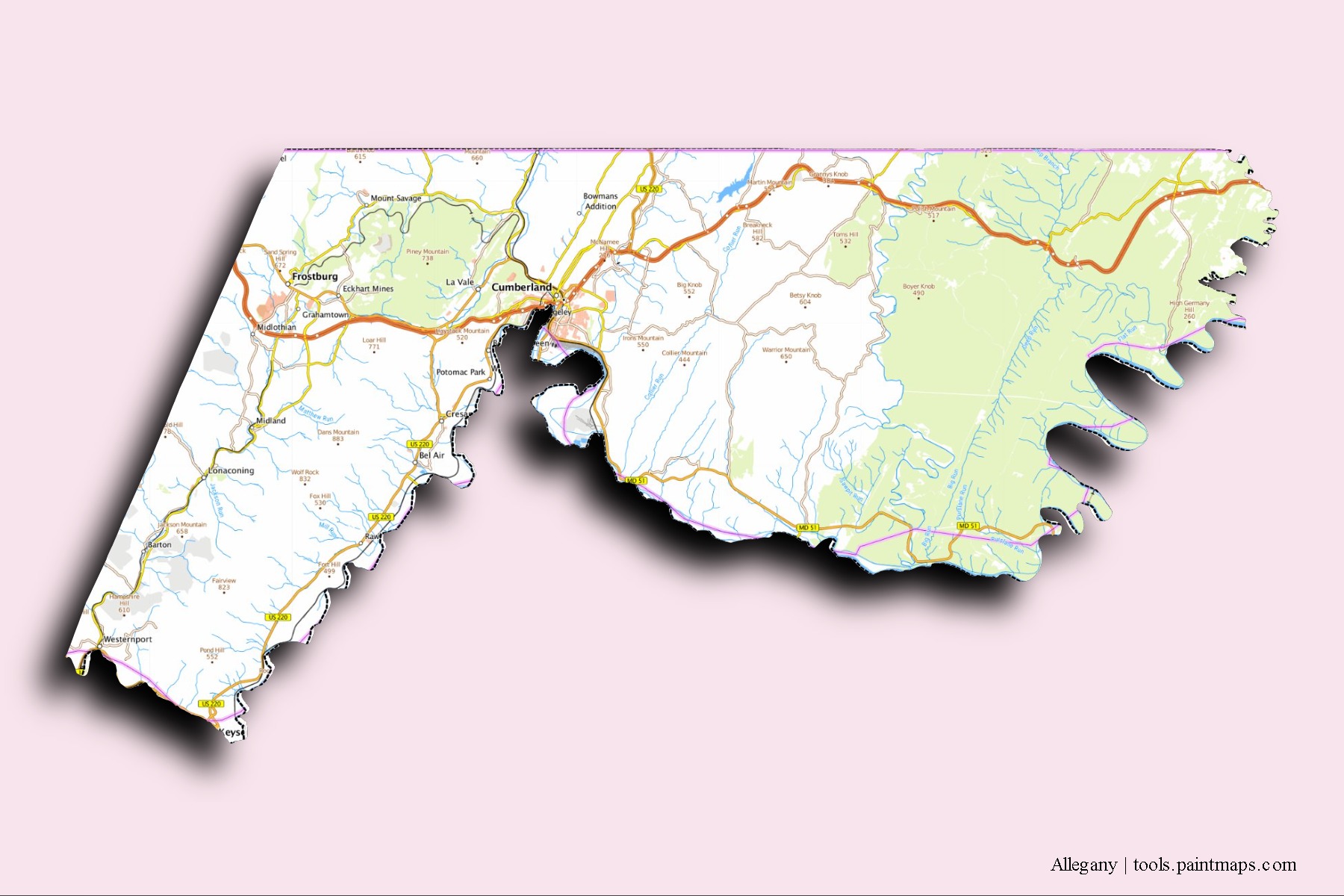 3D gölge efektli Allegany County mahalleleri ve köyleri haritası