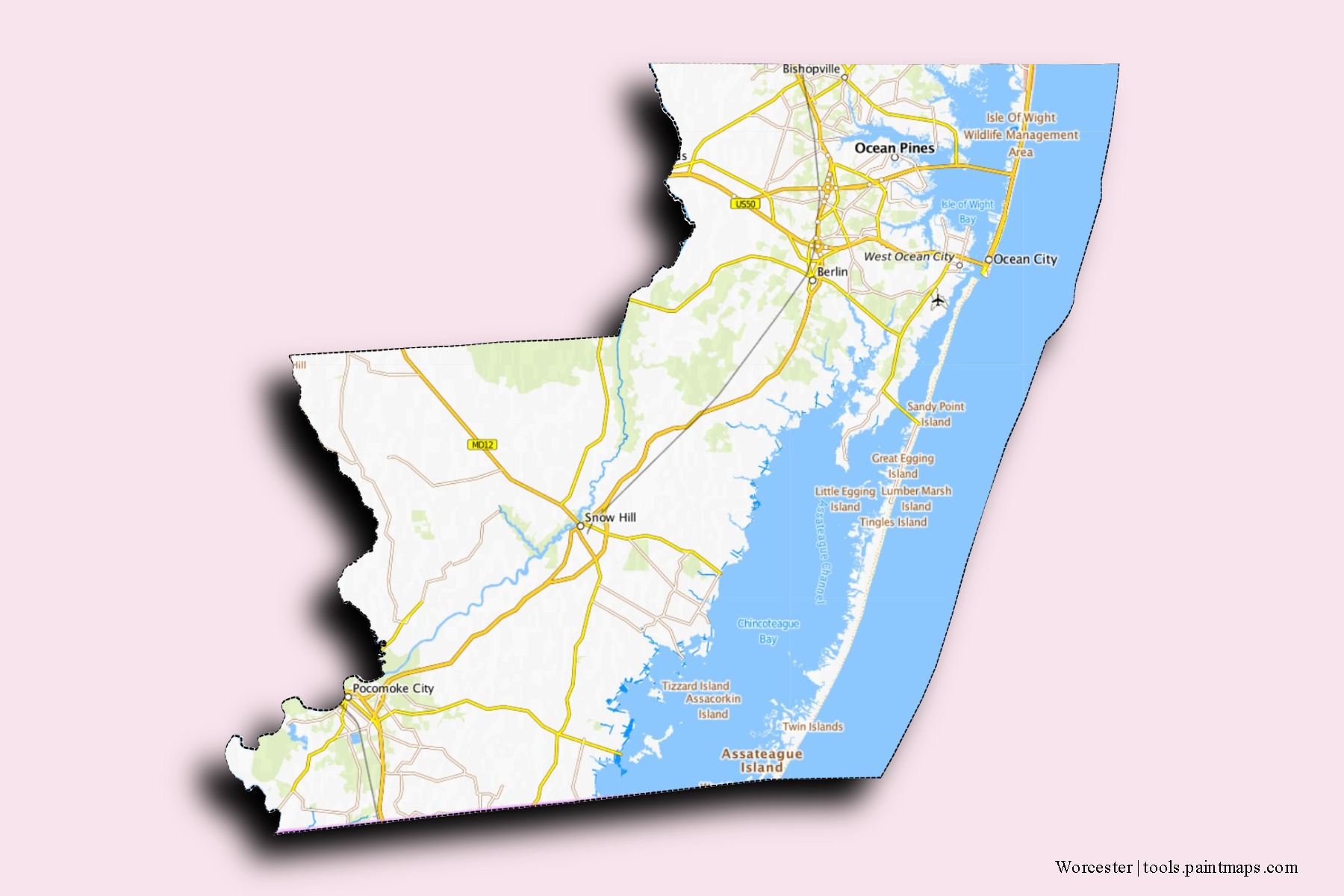 Mapa de barrios y pueblos de Worcester con efecto de sombra 3D