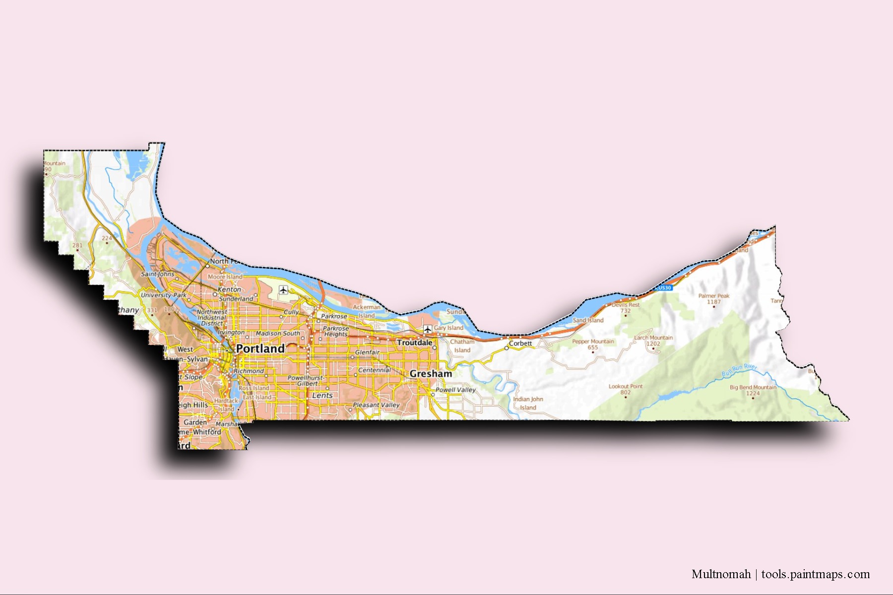 Mapa de barrios y pueblos de Multnomah con efecto de sombra 3D