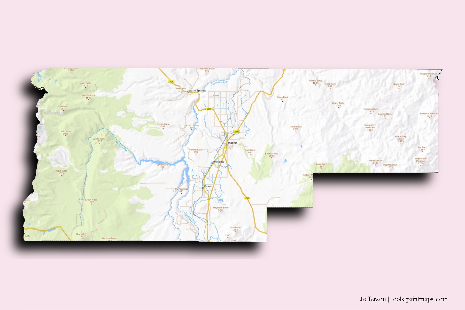 Mapa de barrios y pueblos de Jefferson con efecto de sombra 3D