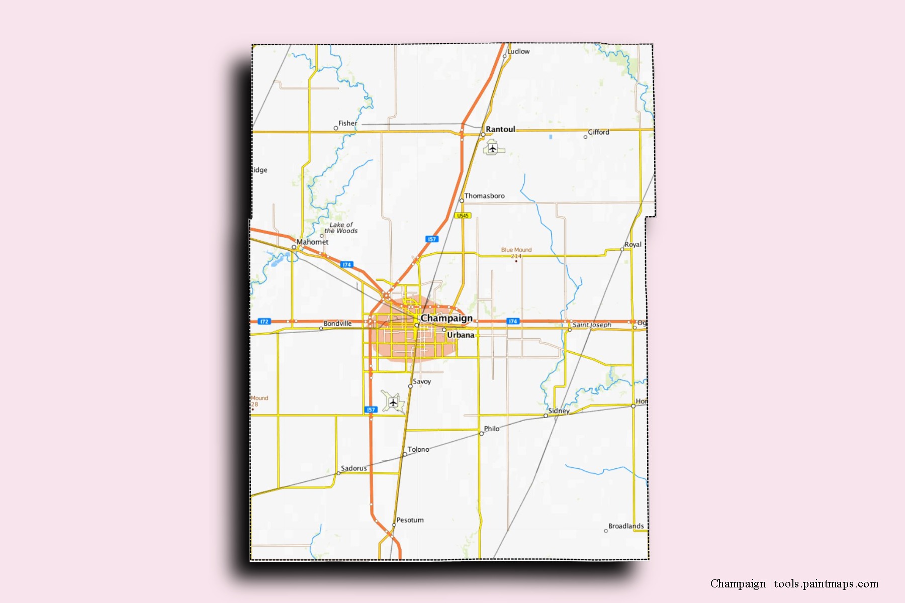 Mapa de barrios y pueblos de Champaign con efecto de sombra 3D