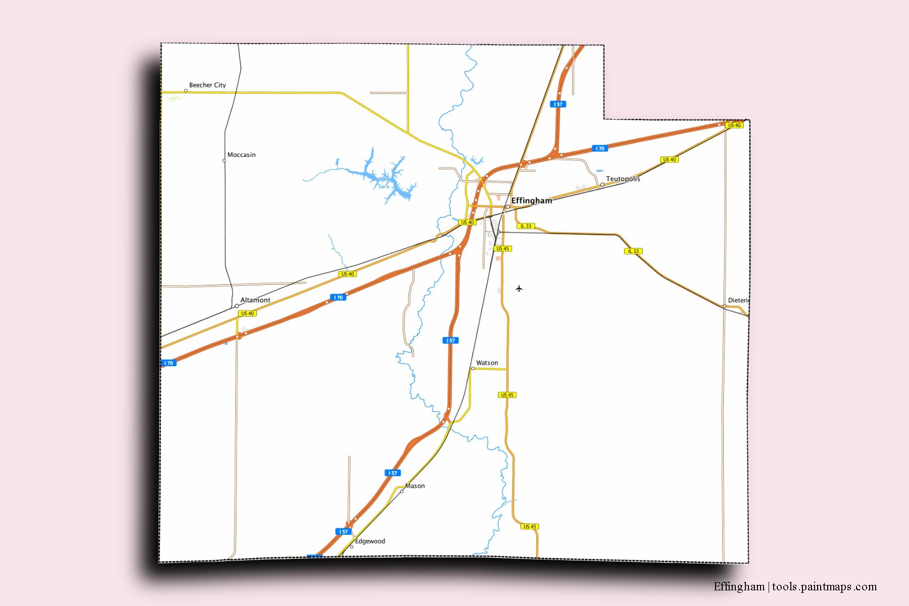 Effingham neighborhoods and villages map with 3D shadow effect