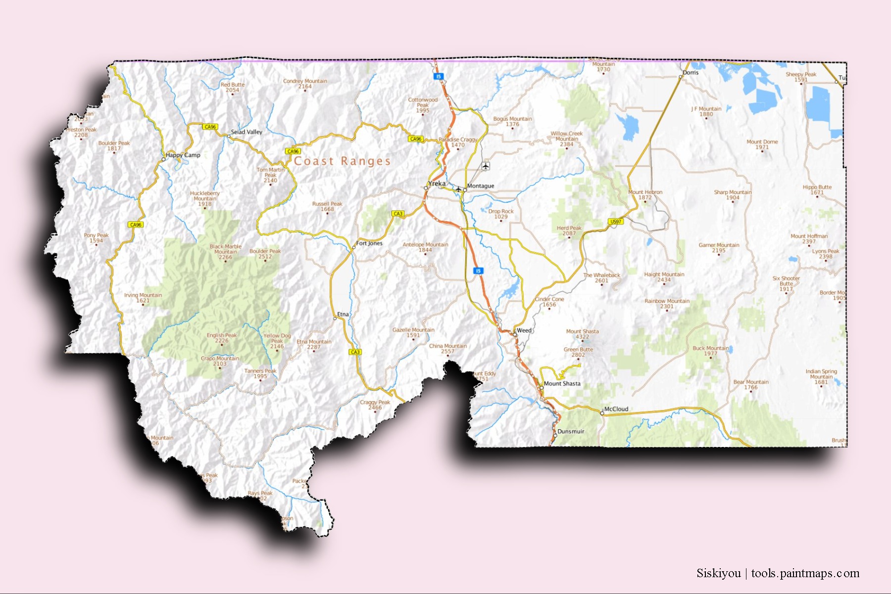 Siskiyou neighborhoods and villages map with 3D shadow effect