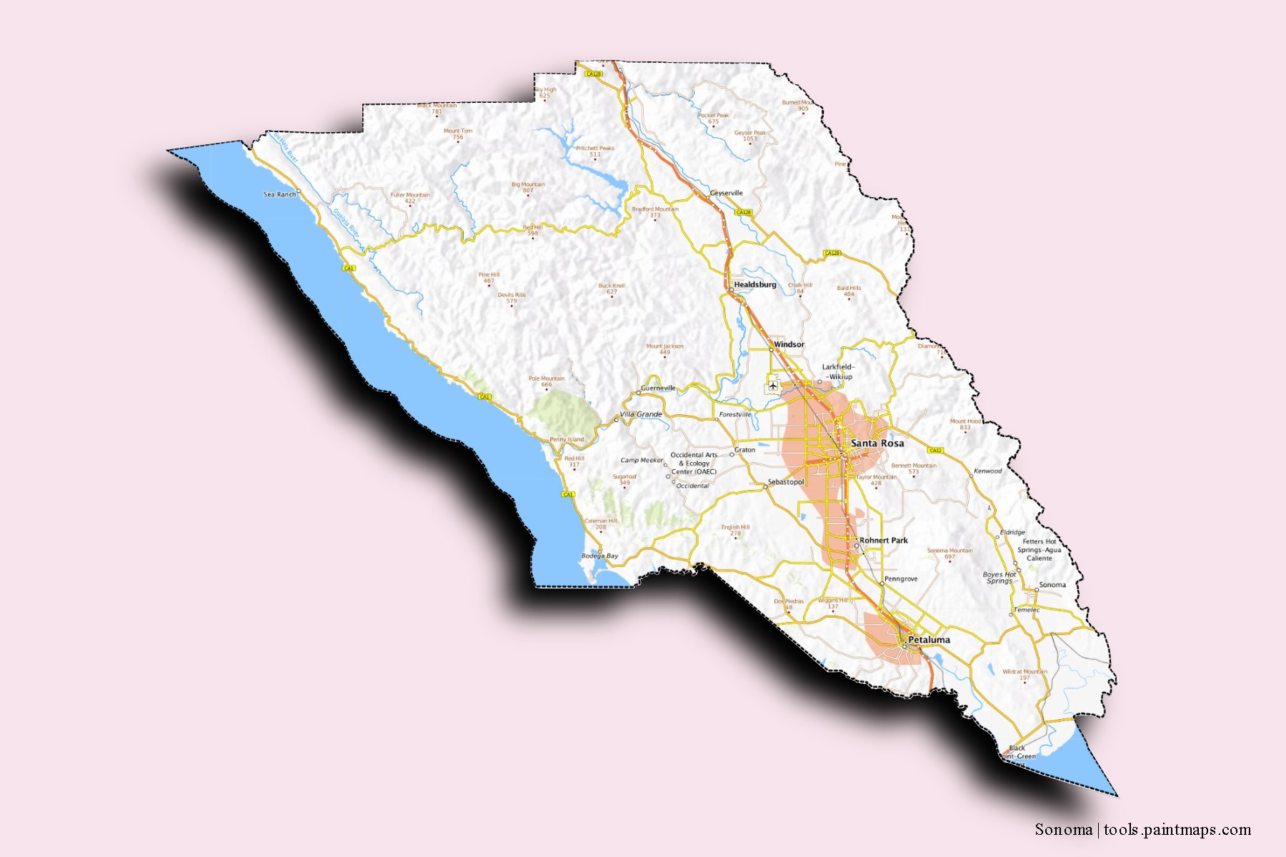 Mapa de barrios y pueblos de Sonoma con efecto de sombra 3D