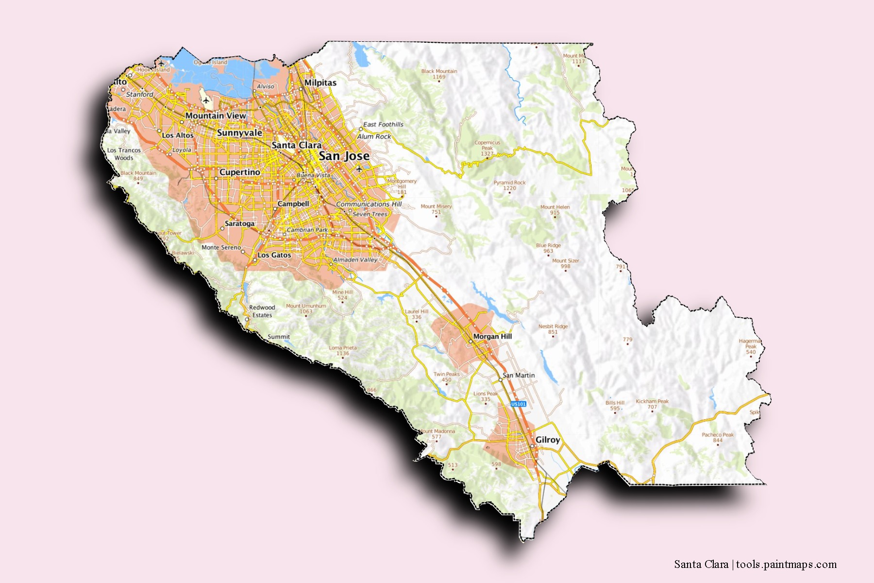 Santa Clara neighborhoods and villages map with 3D shadow effect