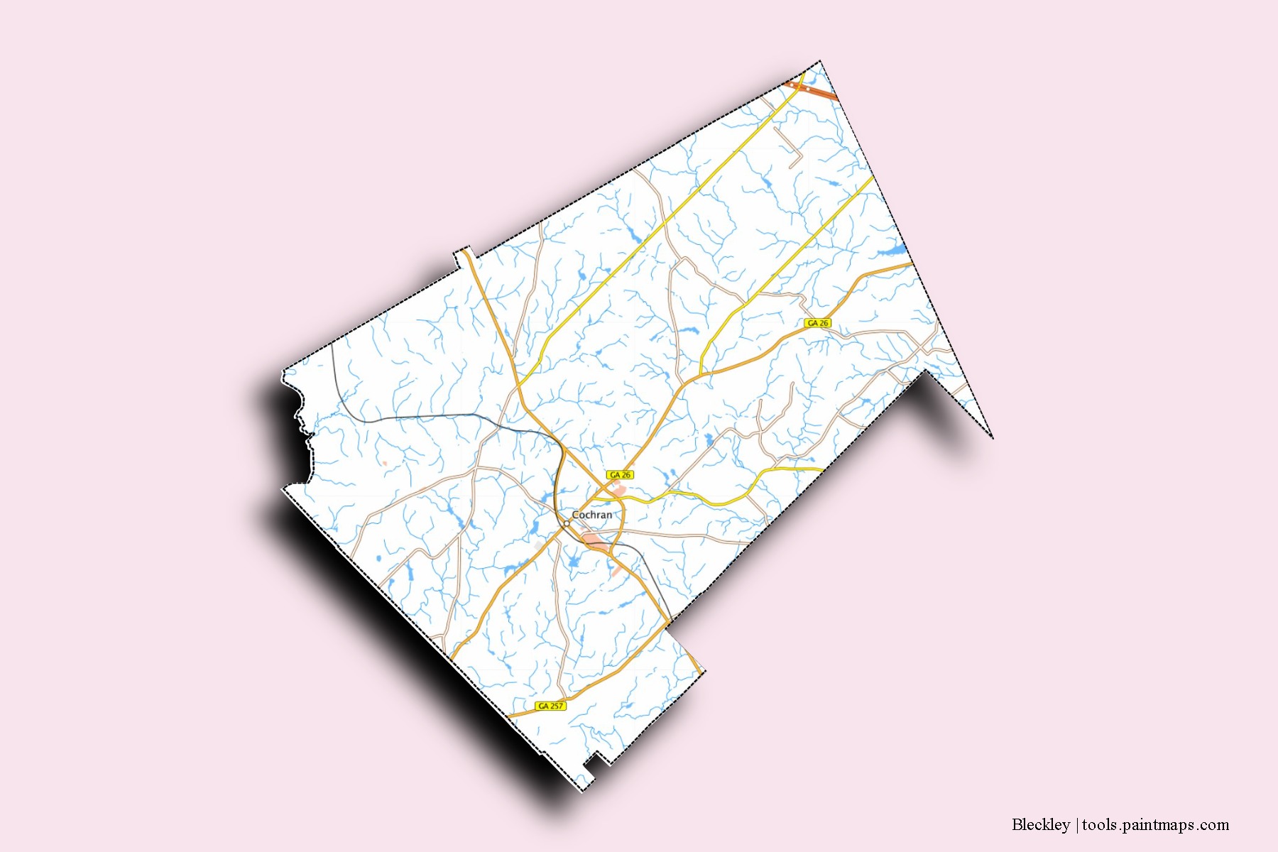 Bleckley neighborhoods and villages map with 3D shadow effect