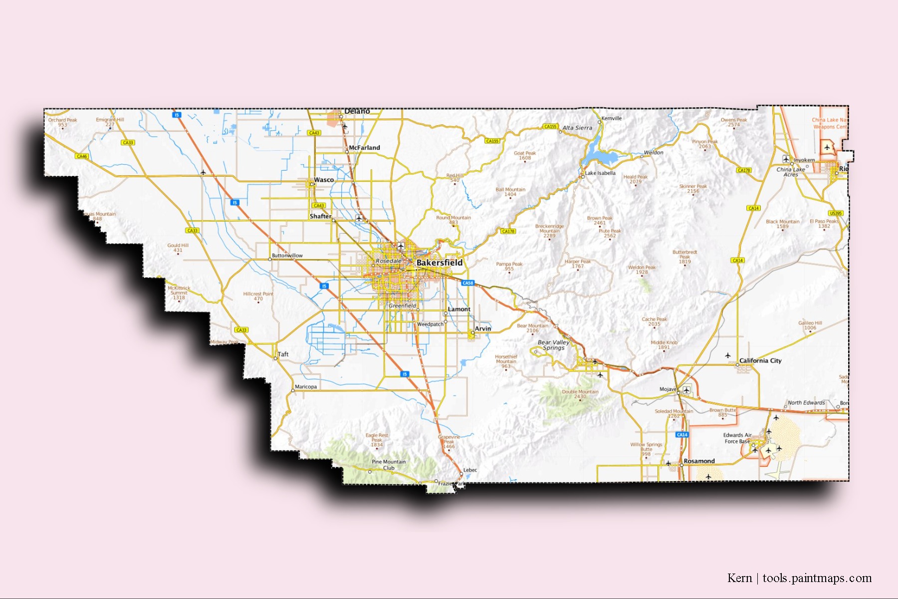 3D gölge efektli Kern County mahalleleri ve köyleri haritası