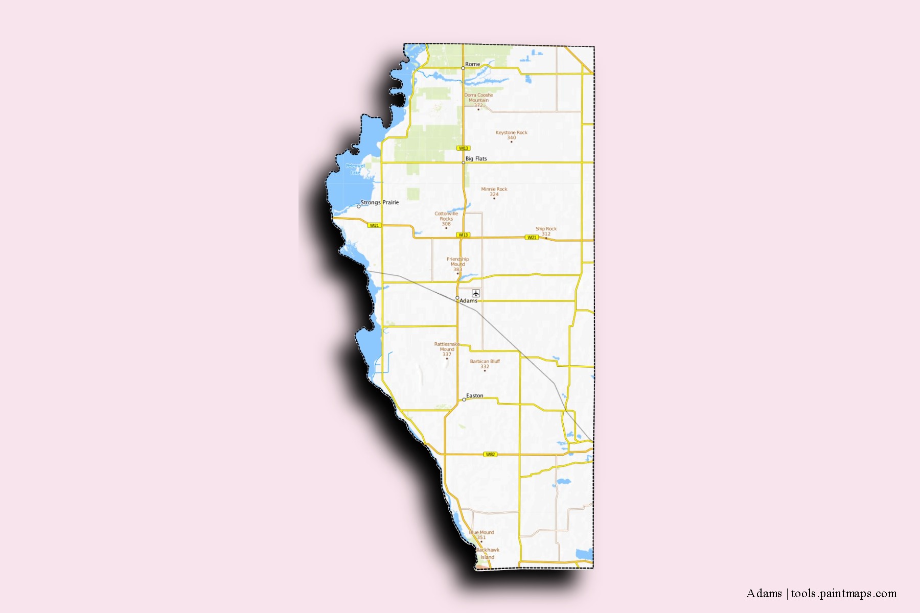 Adams neighborhoods and villages map with 3D shadow effect