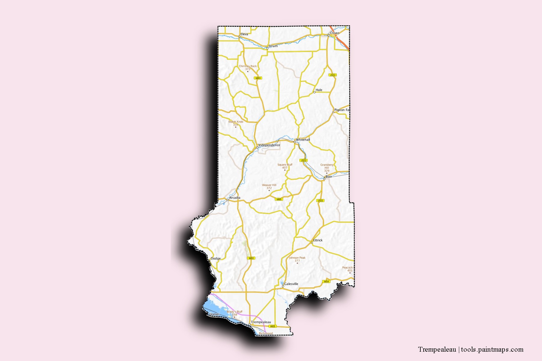 Trempealeau neighborhoods and villages map with 3D shadow effect