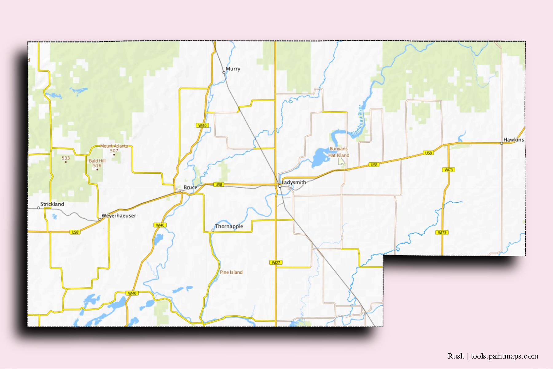 Rusk neighborhoods and villages map with 3D shadow effect