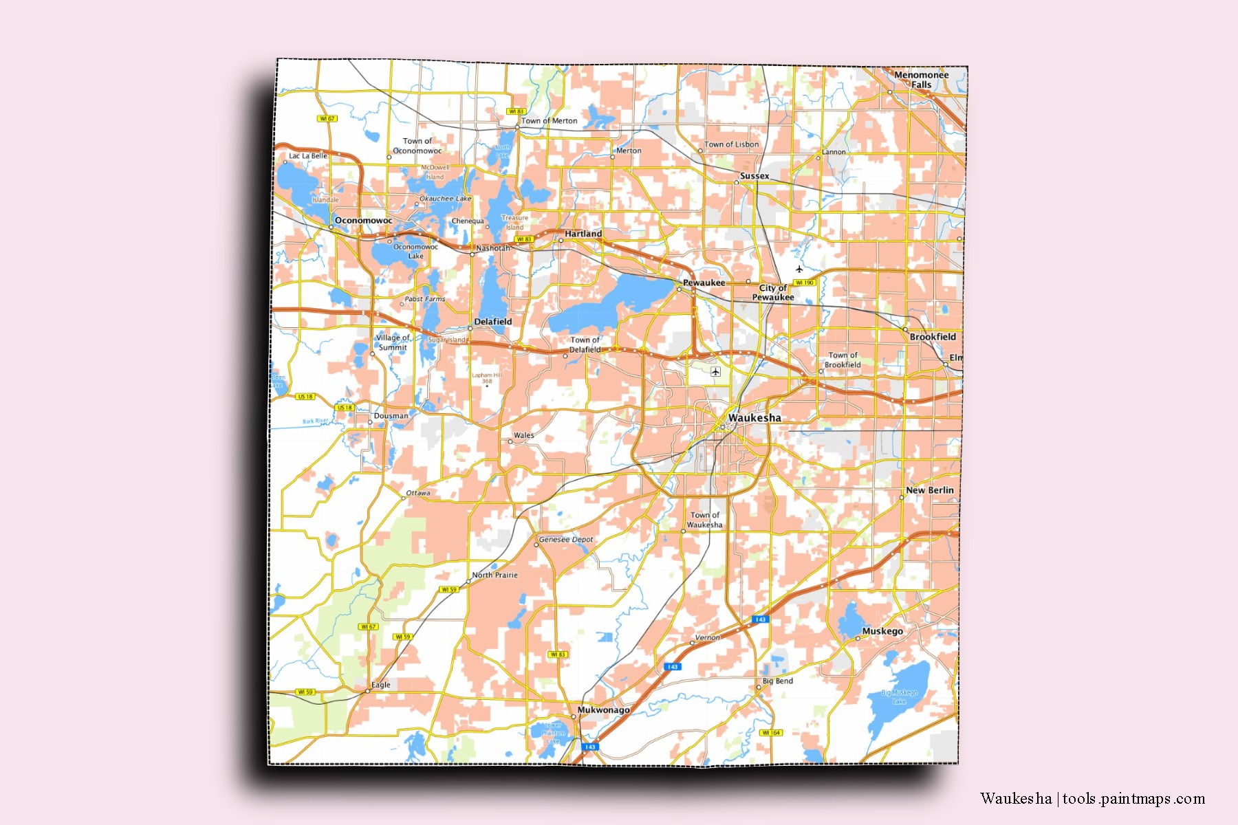 Waukesha neighborhoods and villages map with 3D shadow effect