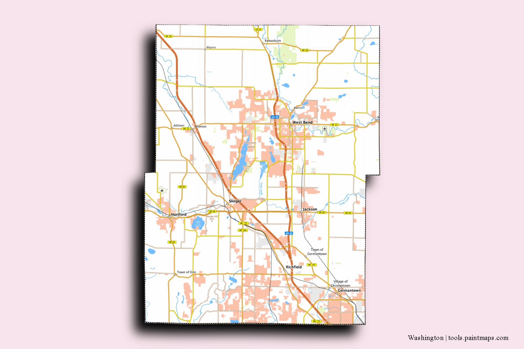 Washington neighborhoods and villages map with 3D shadow effect