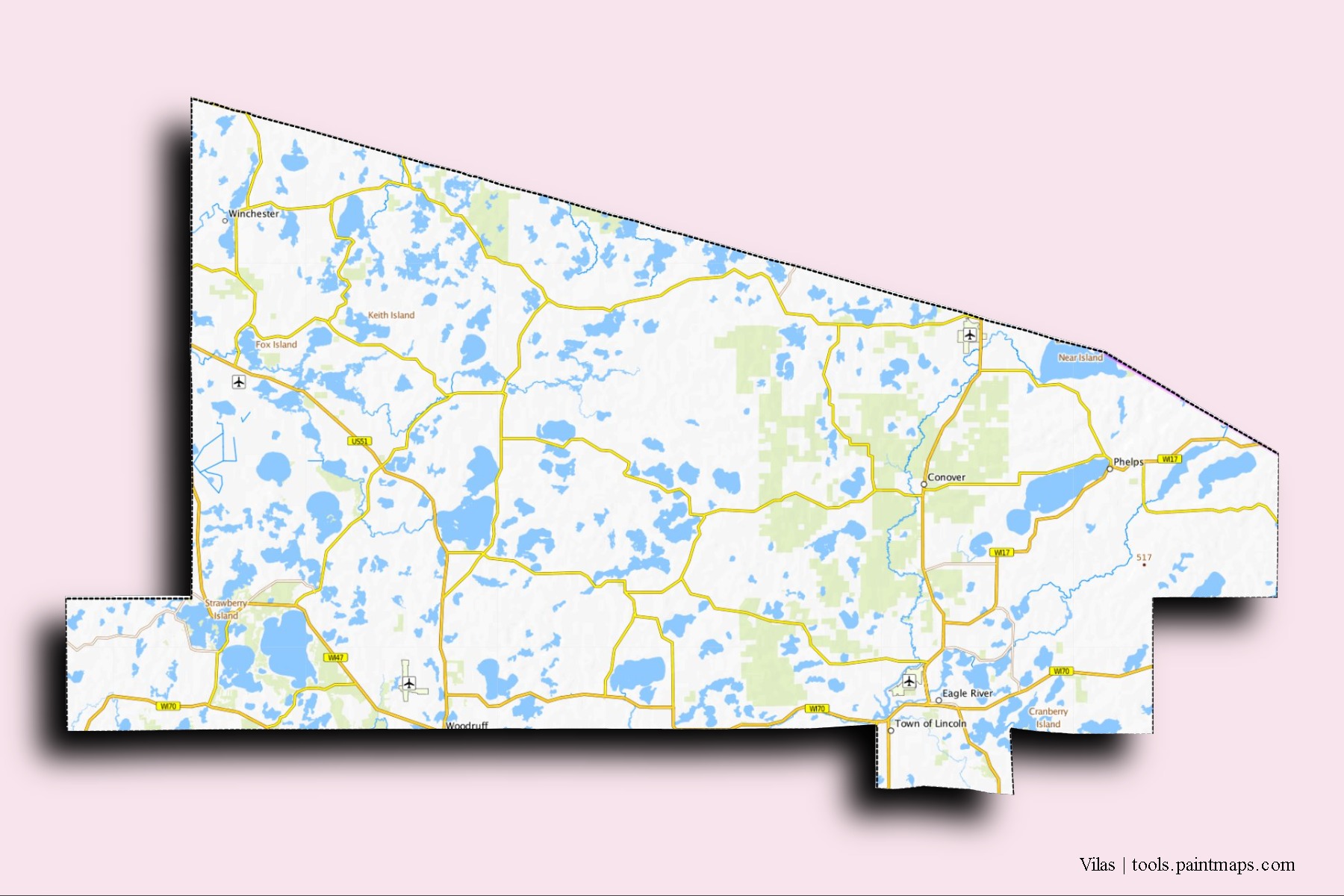 Vilas neighborhoods and villages map with 3D shadow effect