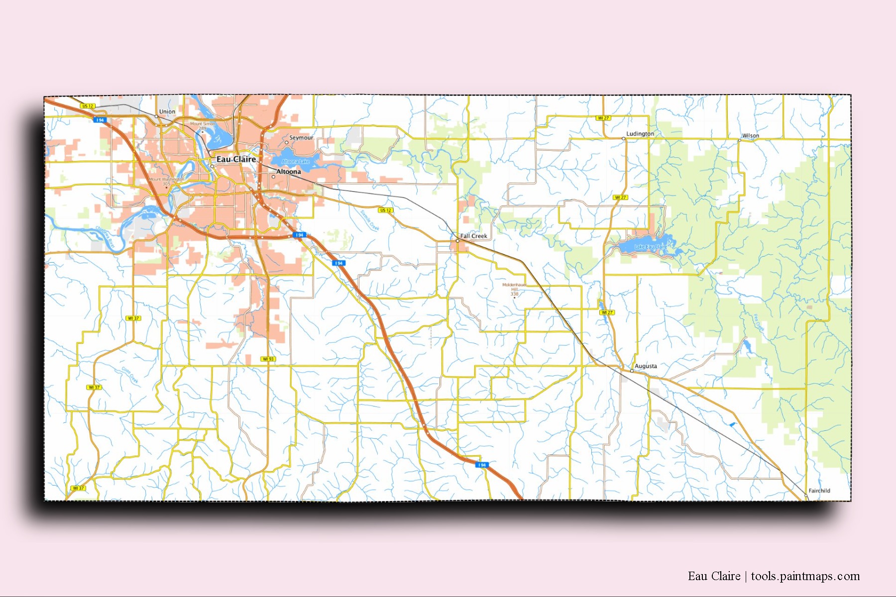 Eau Claire neighborhoods and villages map with 3D shadow effect