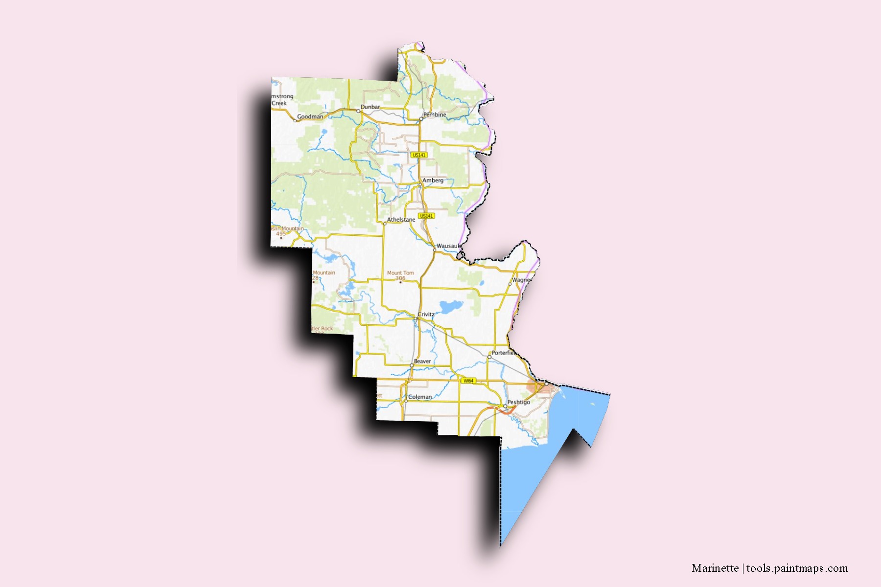 Mapa de barrios y pueblos de Marinette con efecto de sombra 3D