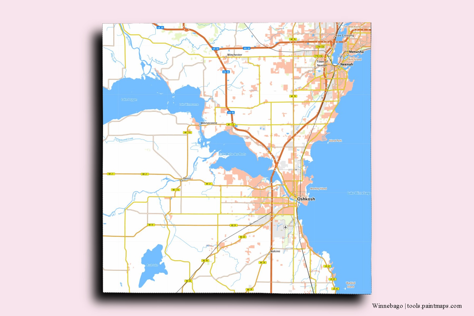 Winnebago neighborhoods and villages map with 3D shadow effect