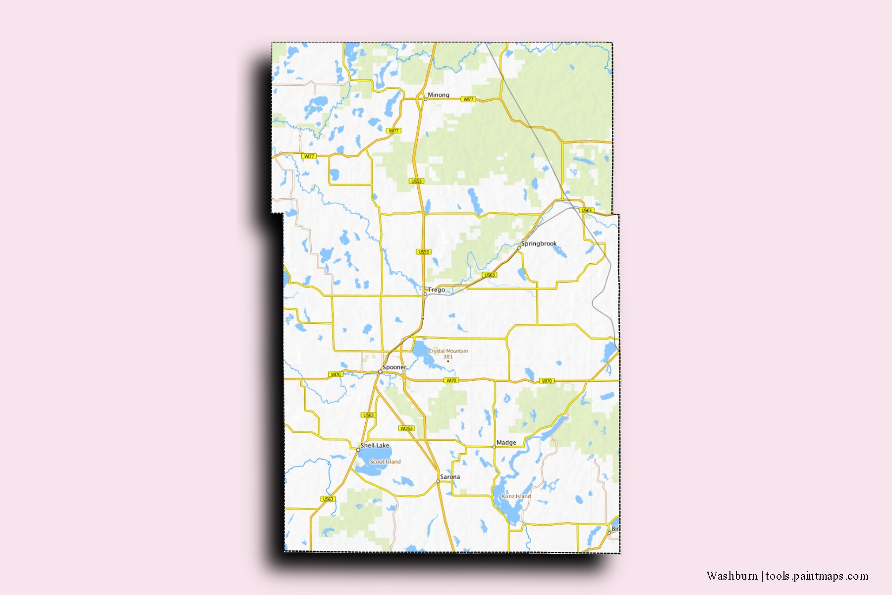 Washburn neighborhoods and villages map with 3D shadow effect