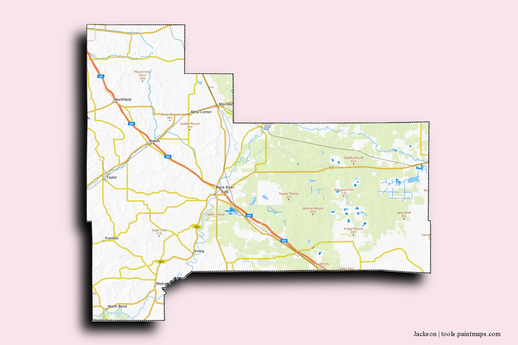 Mapa de barrios y pueblos de Jackson con efecto de sombra 3D