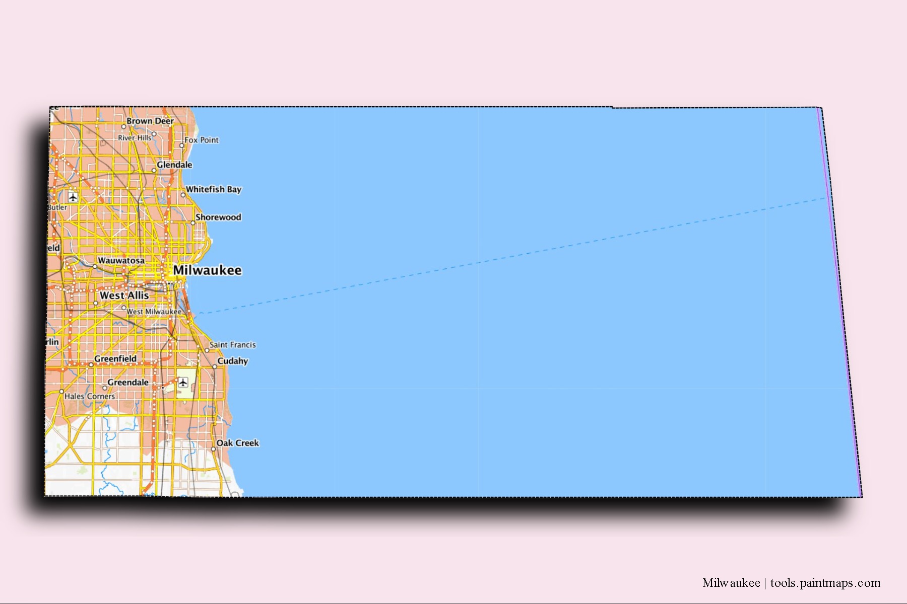 Milwaukee neighborhoods and villages map with 3D shadow effect