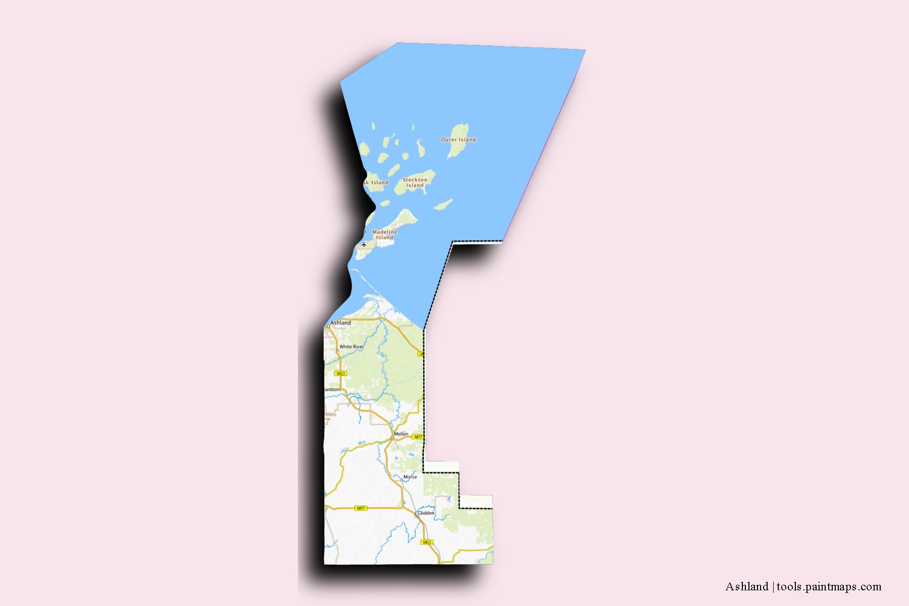 Ashland neighborhoods and villages map with 3D shadow effect