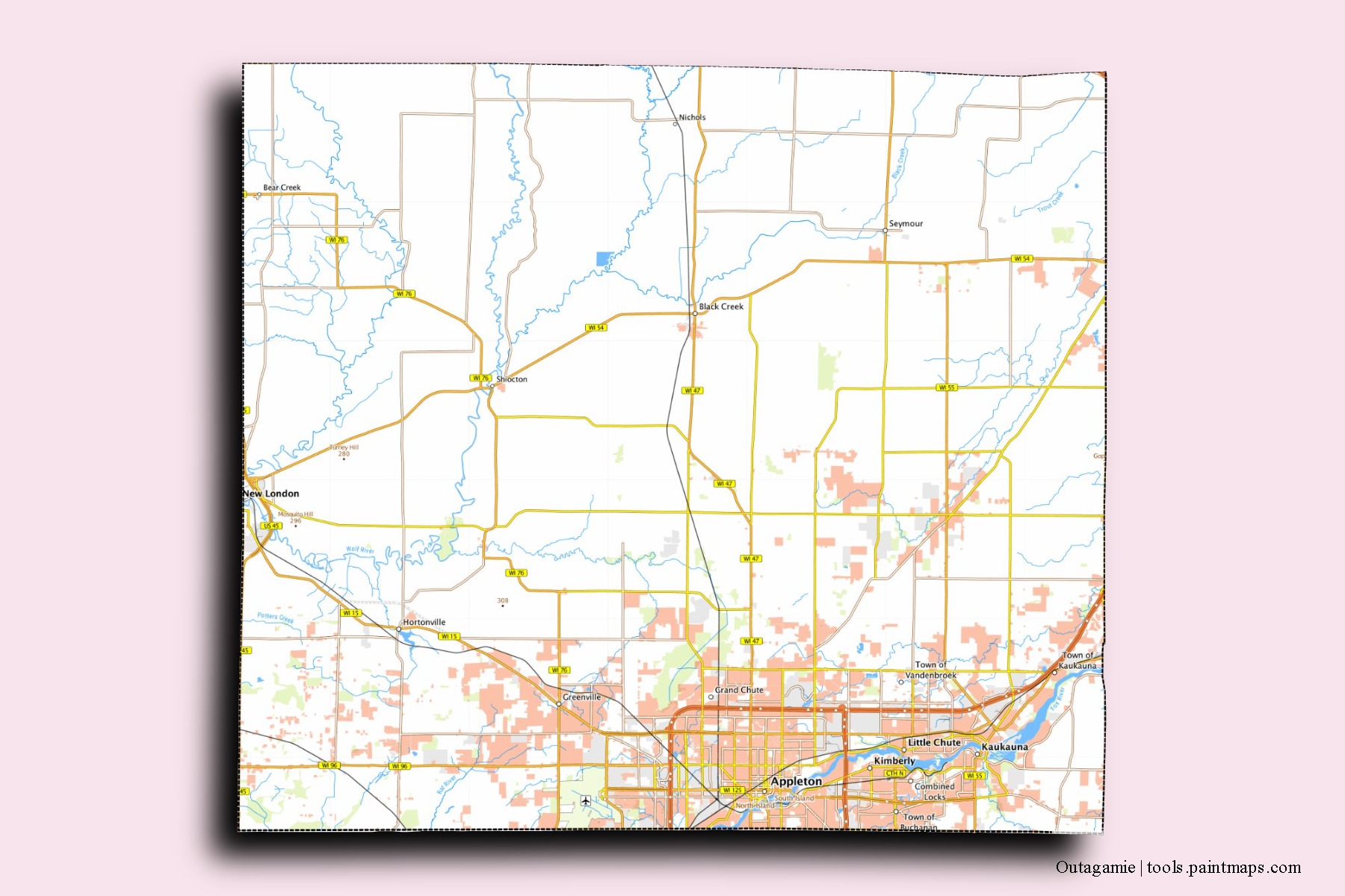 Outagamie neighborhoods and villages map with 3D shadow effect