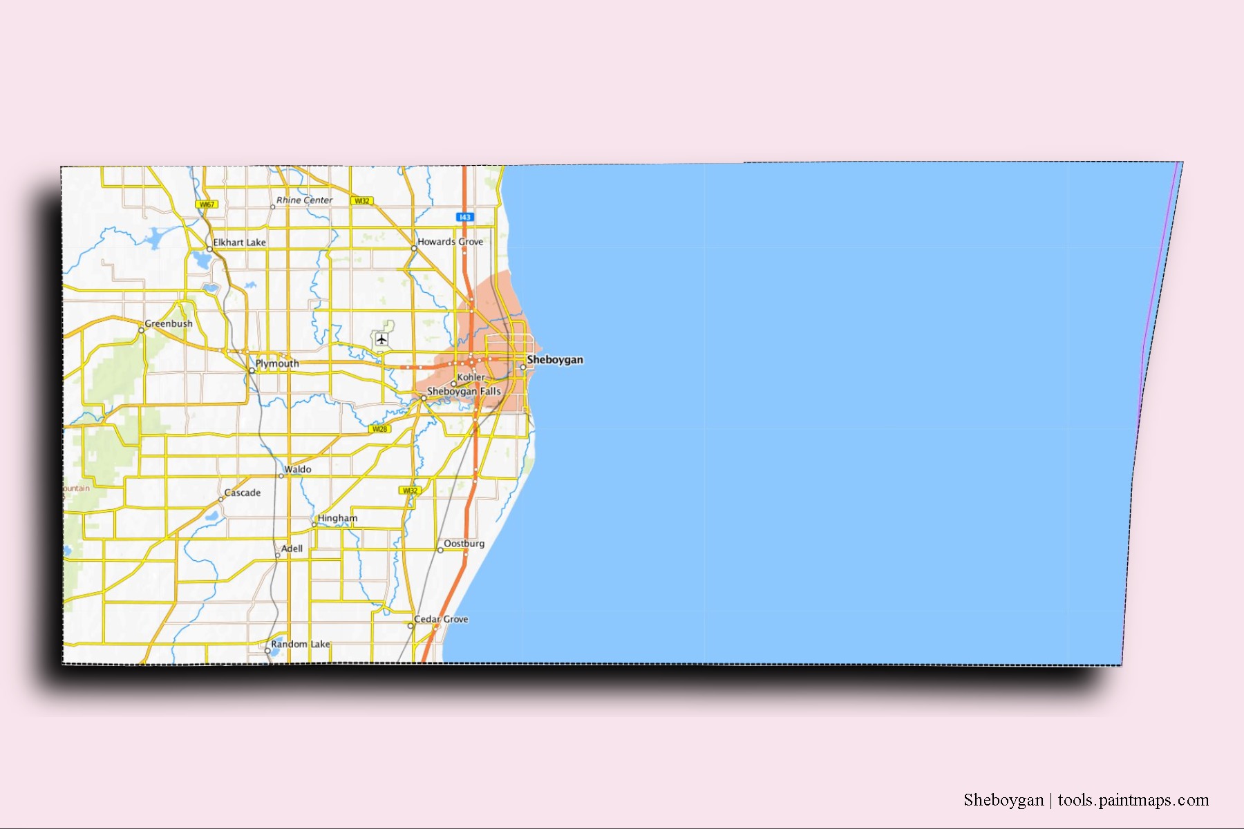 Sheboygan neighborhoods and villages map with 3D shadow effect