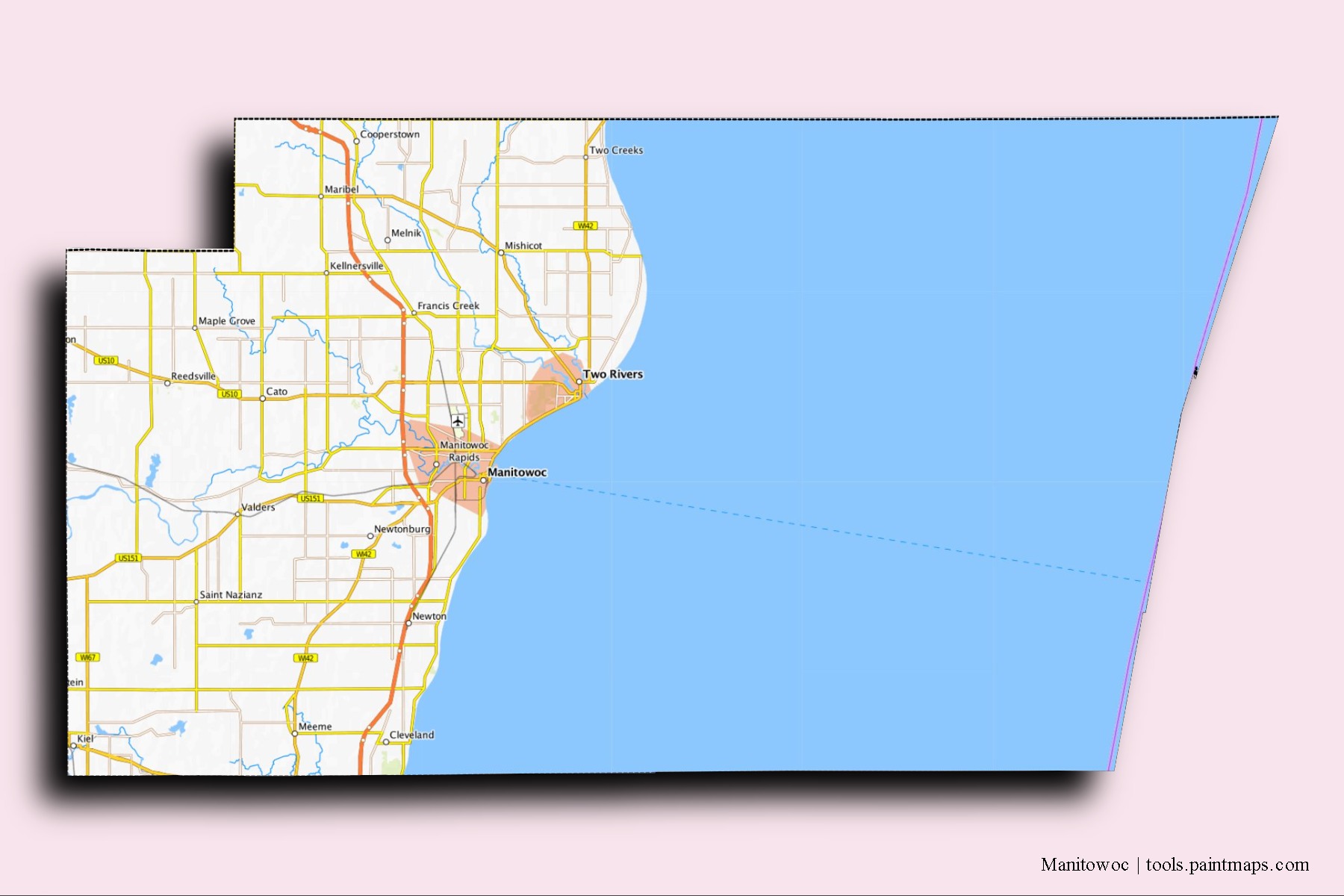 Manitowoc neighborhoods and villages map with 3D shadow effect