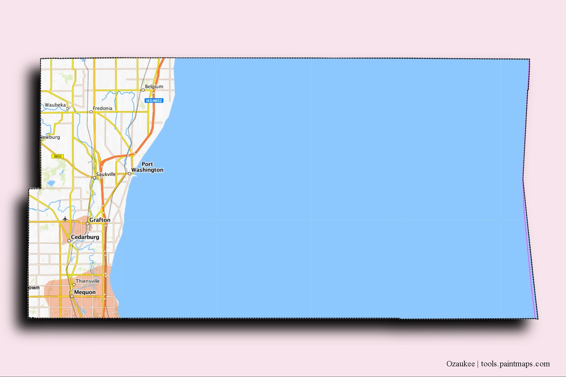 Mapa de barrios y pueblos de Ozaukee con efecto de sombra 3D