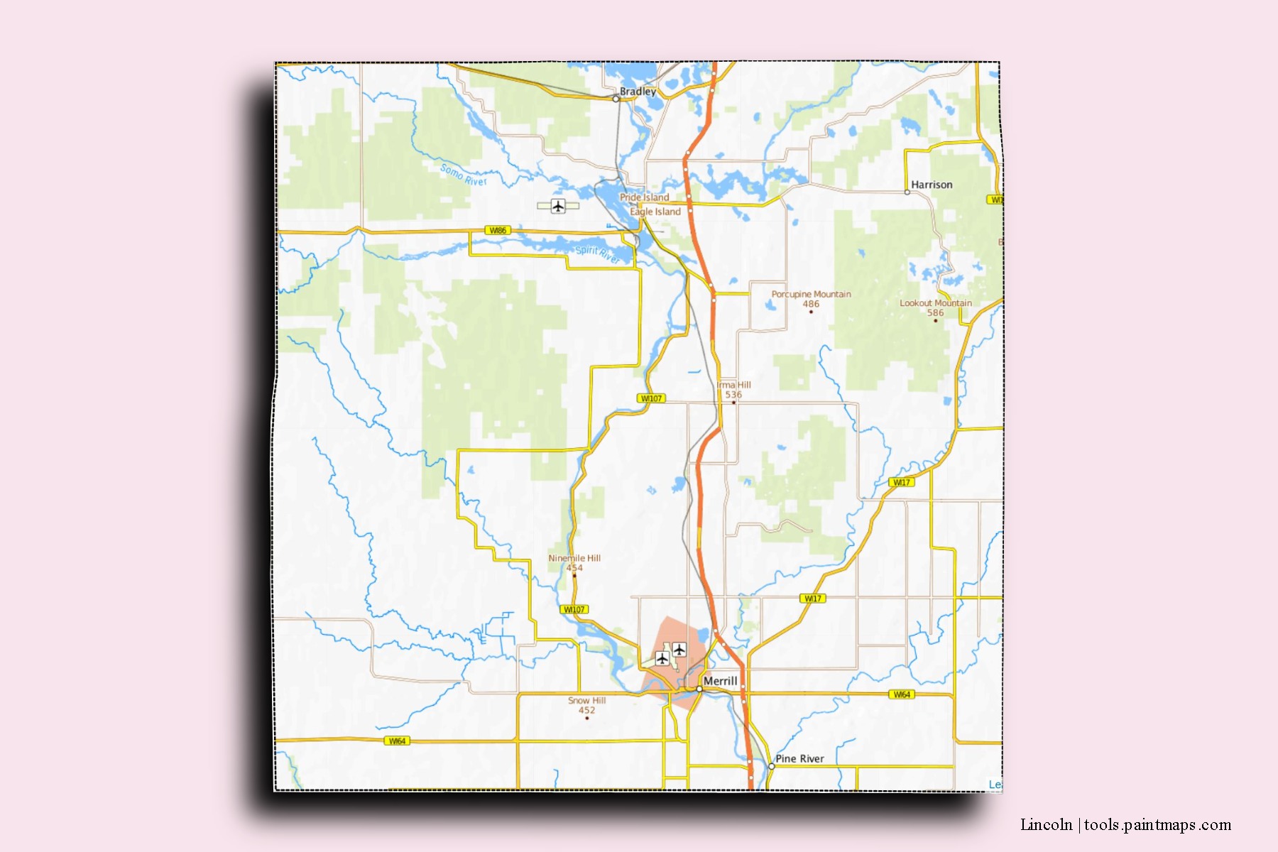 Lincoln neighborhoods and villages map with 3D shadow effect