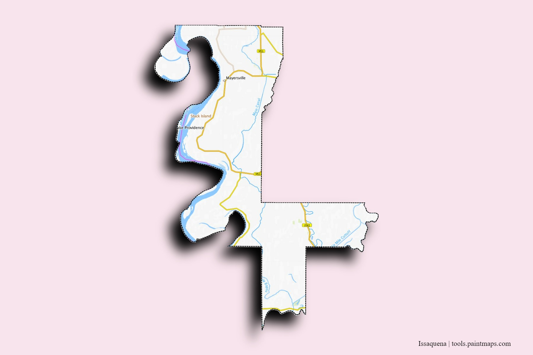 Mapa de barrios y pueblos de Issaquena con efecto de sombra 3D