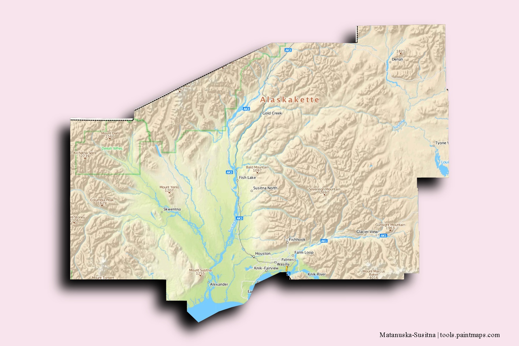 Matanuska-Susitna neighborhoods and villages map with 3D shadow effect