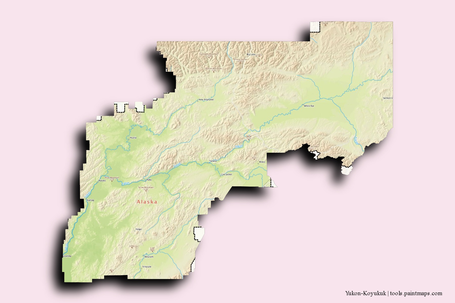 Mapa de barrios y pueblos de Yukon-Koyukuk con efecto de sombra 3D