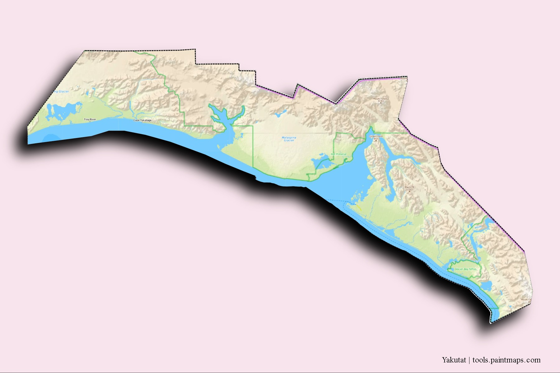 Mapa de barrios y pueblos de Yakutat con efecto de sombra 3D