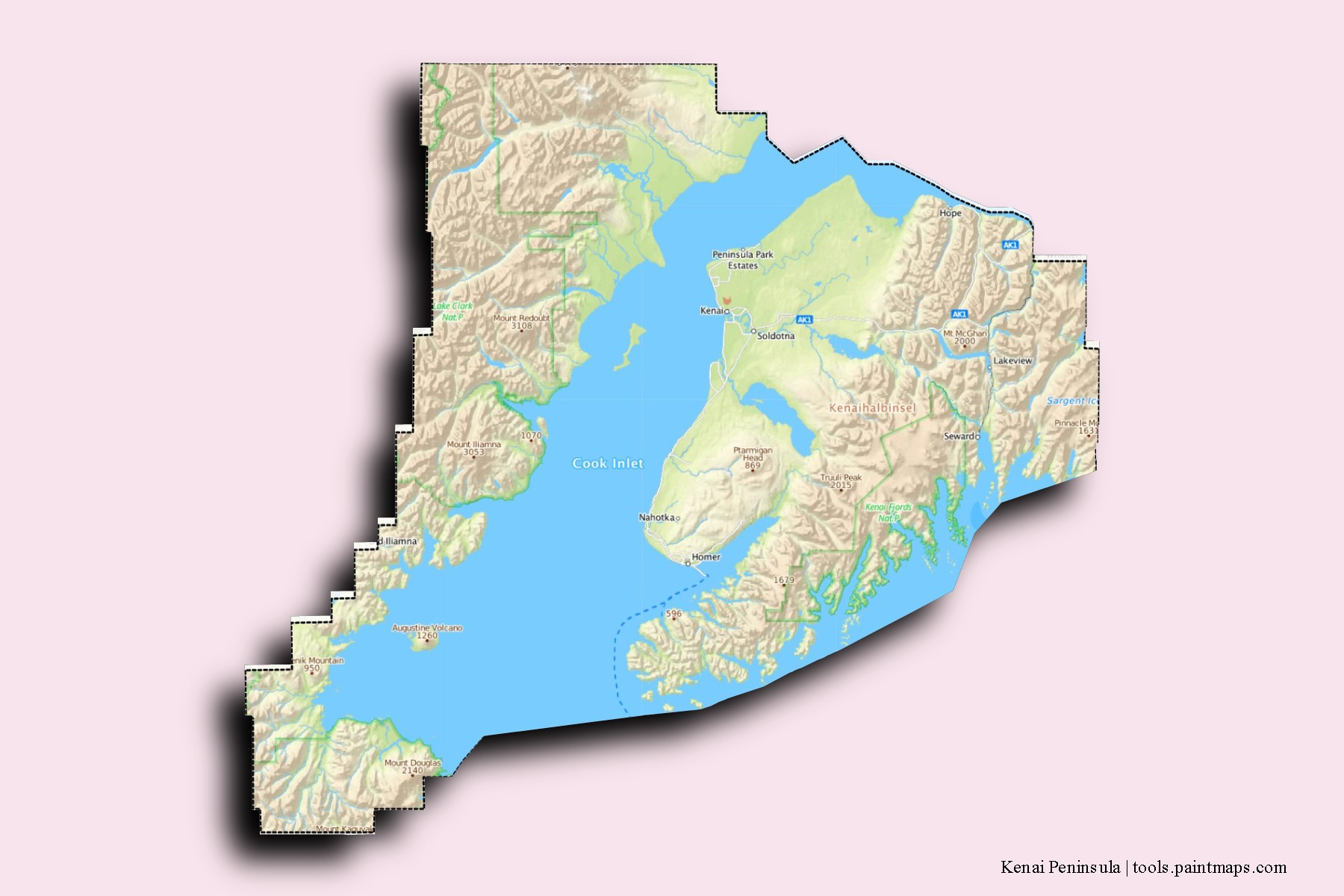 Kenai Peninsula neighborhoods and villages map with 3D shadow effect